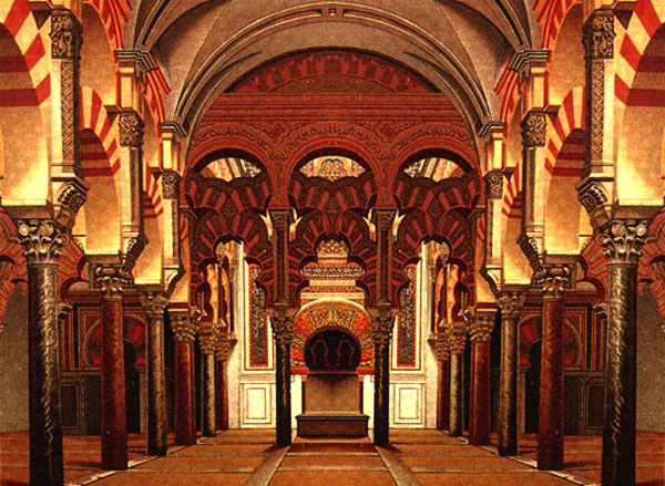 Interior Masjid Kordoba atau mezquita, peninggalan dari Al-Andalus yang kini dijadikan katedral Katolik Roma.